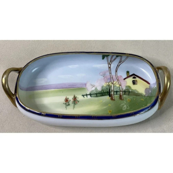 Nippon Hand Painted Double Handle House Tree Floral Scene Oval‎ Bowl Vintage - Picture 2 of 8